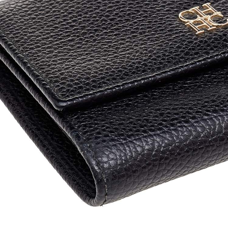 Pre Owned Carolina Herrera Black Leather Trifold Compact Wallet