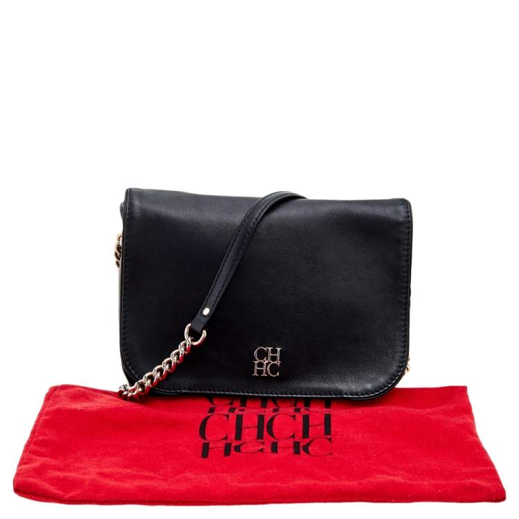 Pre Owned Carolina Herrera Black Leather Chain Flap Shoulder Bag