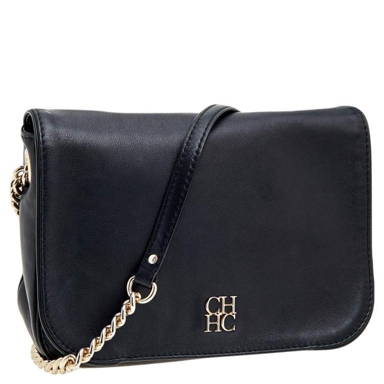 Pre Owned Carolina Herrera Black Leather Chain Flap Shoulder Bag