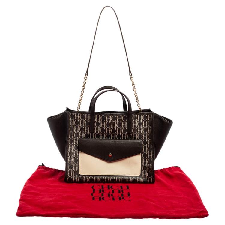 Pre Owned Carolina Herrera White/Dark Brown Signature Coated Canvas Front Pocket Tote