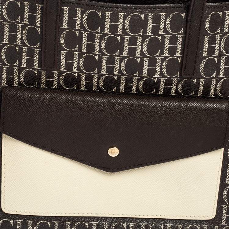 Pre Owned Carolina Herrera White/Dark Brown Signature Coated Canvas Front Pocket Tote