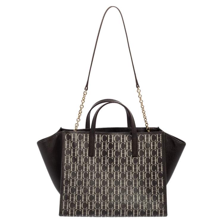 Pre Owned Carolina Herrera White/Dark Brown Signature Coated Canvas Front Pocket Tote