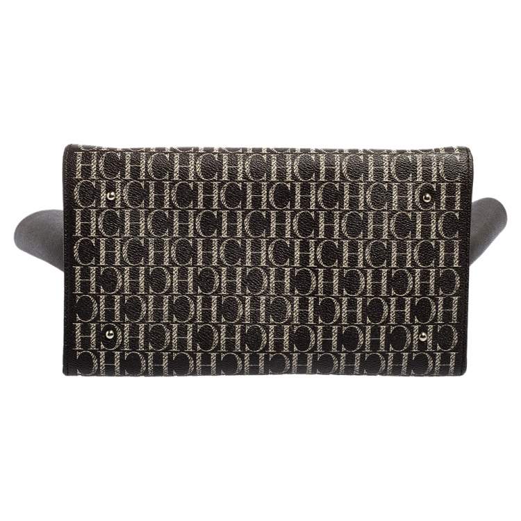 Pre Owned Carolina Herrera White/Dark Brown Signature Coated Canvas Front Pocket Tote