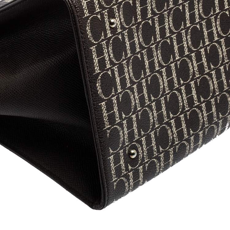 Pre Owned Carolina Herrera White/Dark Brown Signature Coated Canvas Front Pocket Tote