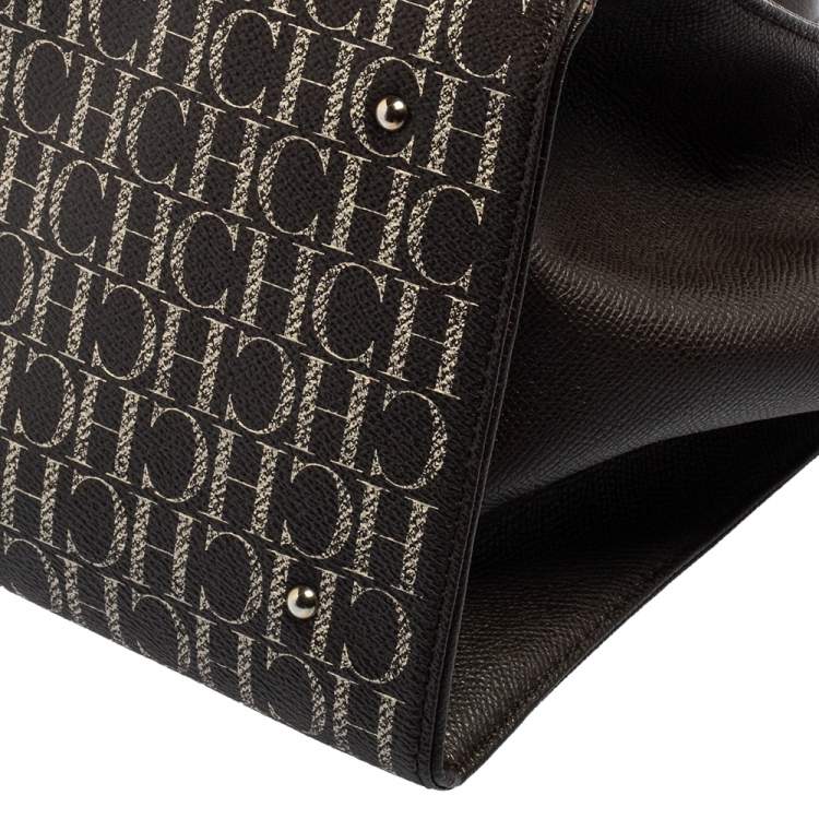 Pre Owned Carolina Herrera White/Dark Brown Signature Coated Canvas Front Pocket Tote