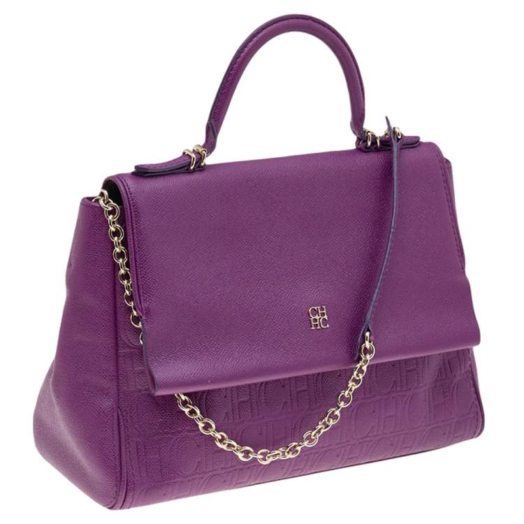 Pre Owned Carolina Herrera Purple Monogram Embossed Leather Minuetto Top Handle Bag