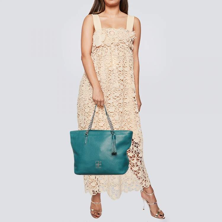 Pre Owned Carolina Herrera Dark Green Leather Tassel Zip Tote