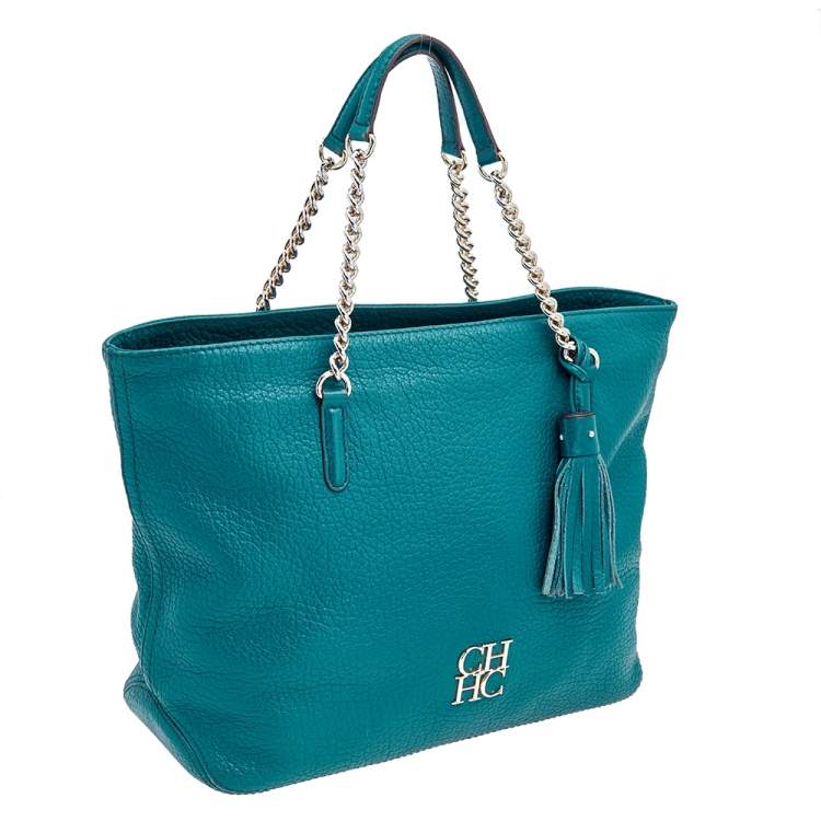 Pre Owned Carolina Herrera Dark Green Leather Tassel Zip Tote