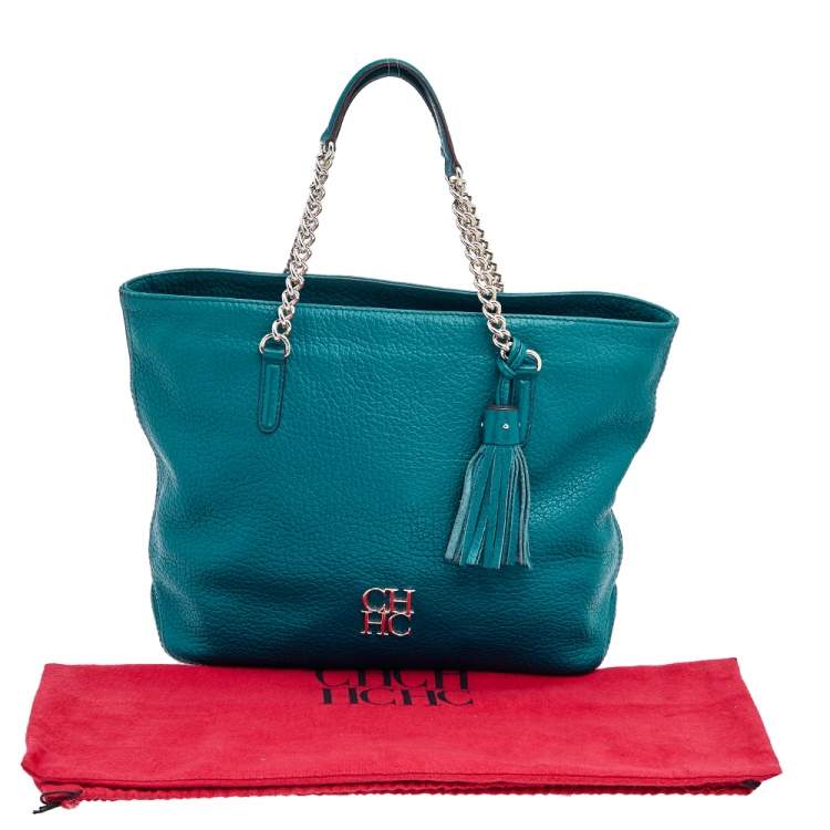 Pre Owned Carolina Herrera Dark Green Leather Tassel Zip Tote