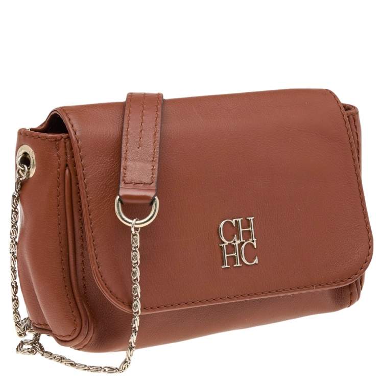 Pre Owned Carolina Herrera Brown Leather Crossbody Bag
