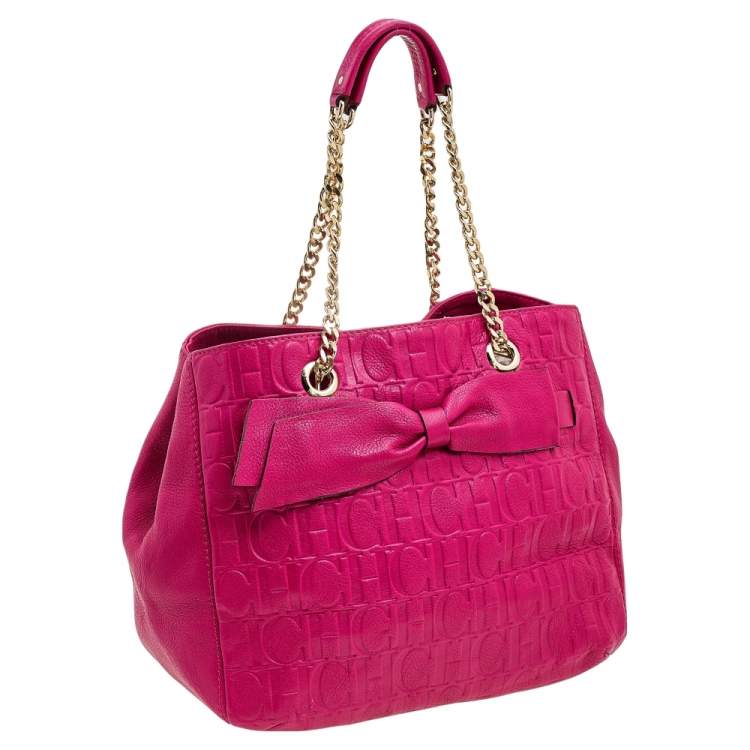 Pre Owned Carolina Herrera Pink Monogram Embossed Leather Audrey Tote