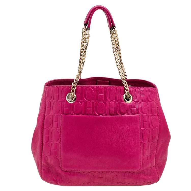 Pre Owned Carolina Herrera Pink Monogram Embossed Leather Audrey Tote