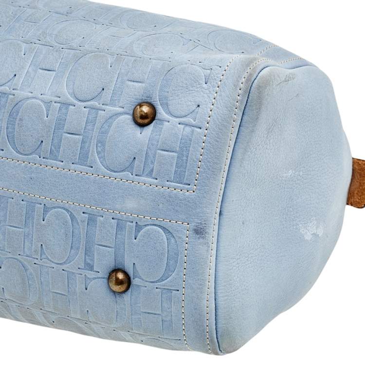 Pre Owned Carolina Herrera Blue Monogram Leather Large Andy Boston Bag