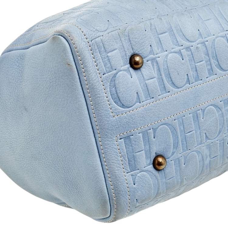 Pre Owned Carolina Herrera Blue Monogram Leather Large Andy Boston Bag