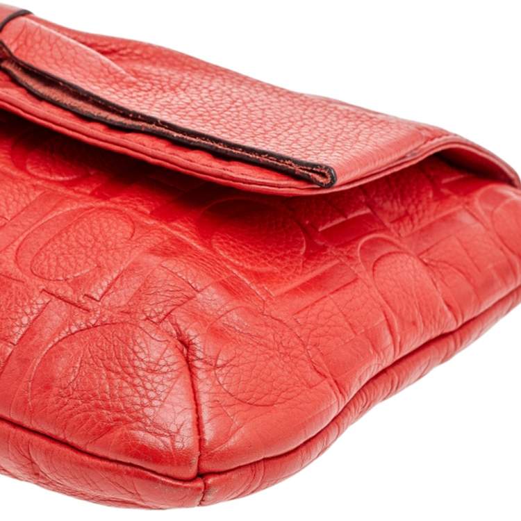 Pre Owned Carolina Herrera Orange Monogram Embossed Leather Bow Flap Shoulder Bag