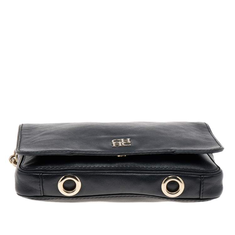 Pre Owned Carolina Herrera Black Leather Flap Shoulder Bag