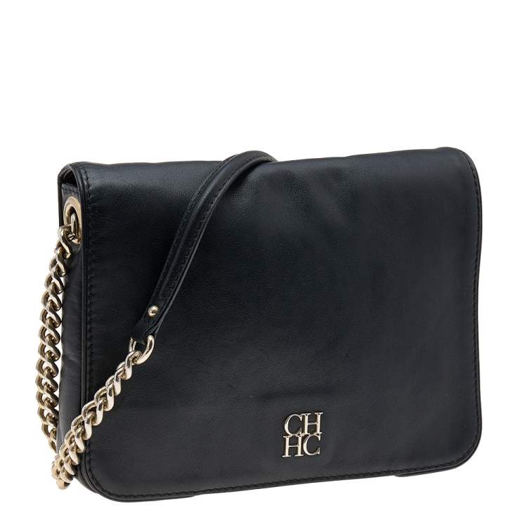 Pre Owned Carolina Herrera Black Leather Flap Shoulder Bag