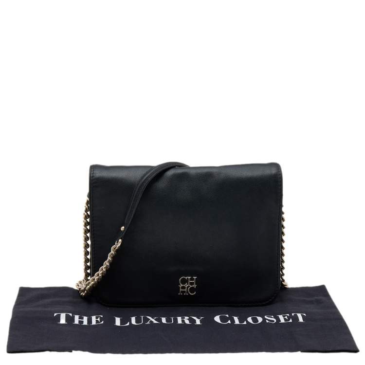 Pre Owned Carolina Herrera Black Leather Flap Shoulder Bag