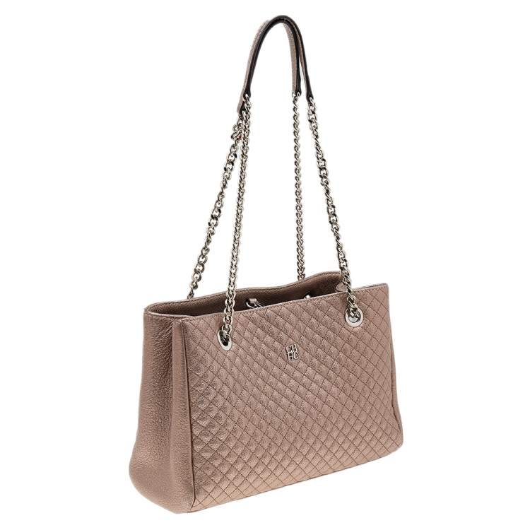 Pre Owned Carolina Herrera Metallic Rose Gold Micro Quilted Leather Chain Tote