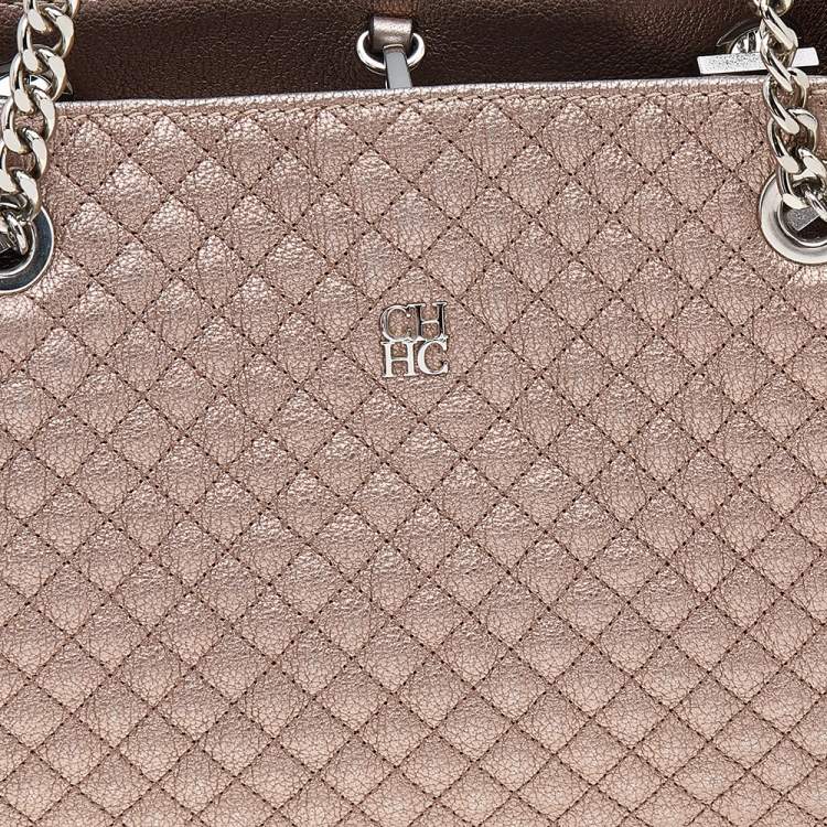 Pre Owned Carolina Herrera Metallic Rose Gold Micro Quilted Leather Chain Tote