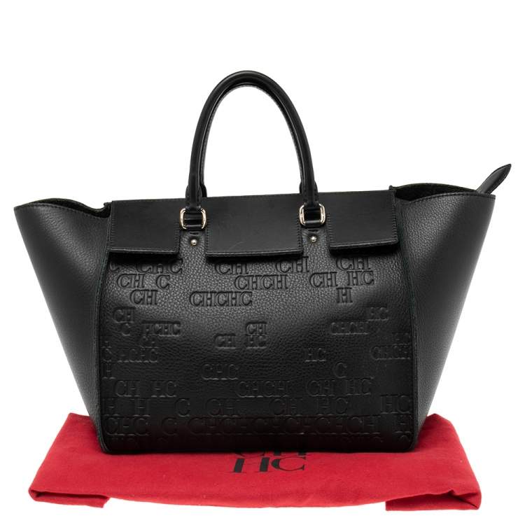 Pre Owned Carolina Herrera Black Monogram Embossed Leather Vendome Tote