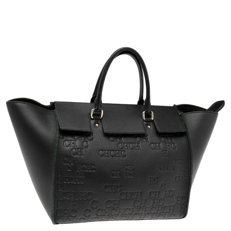 Pre Owned Carolina Herrera Black Monogram Embossed Leather Vendome Tote