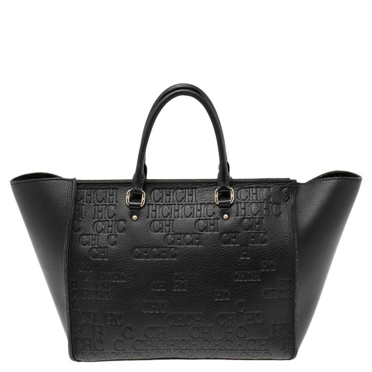 Pre Owned Carolina Herrera Black Monogram Embossed Leather Vendome Tote