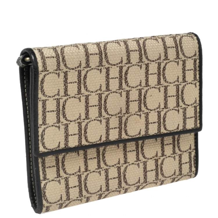 Pre Owned Carolina Herrera Cream/Black Signature Canvas Leather Trifold Wallet