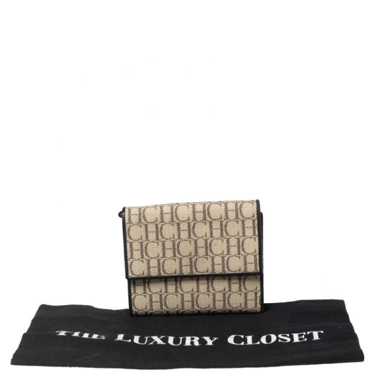 Pre Owned Carolina Herrera Cream/Black Signature Canvas Leather Trifold Wallet