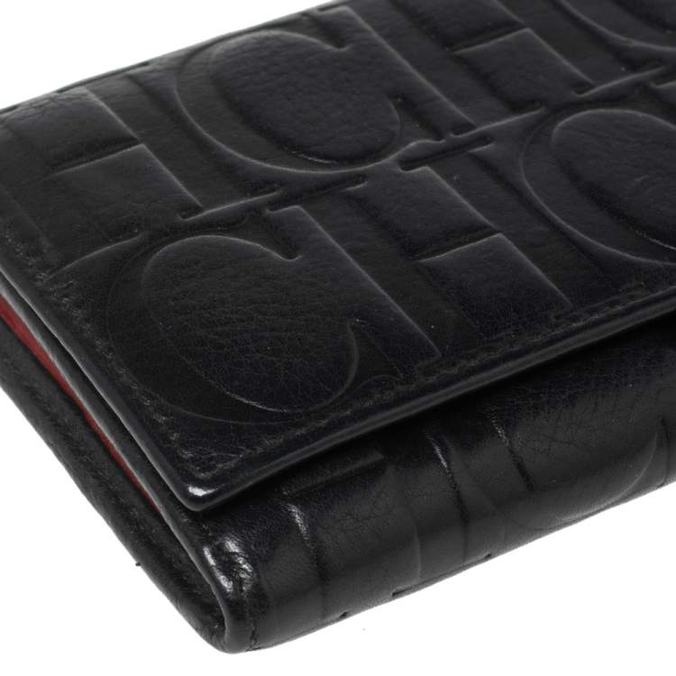 Pre Owned Carolina Herrera Black Monogram Embossed Leather Flap Continental Wallet