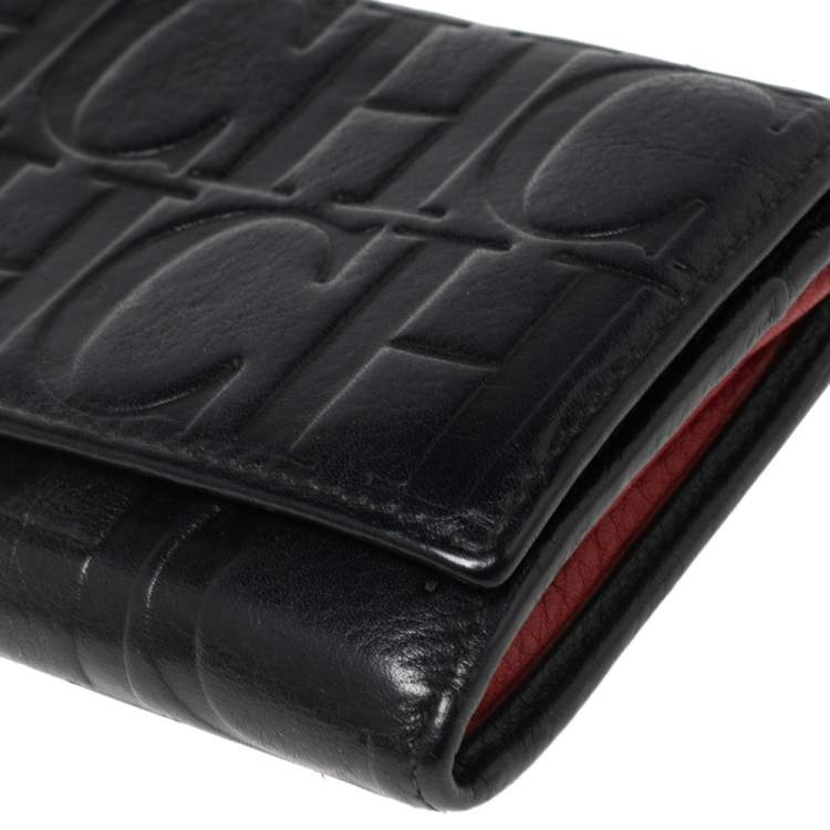 Pre Owned Carolina Herrera Black Monogram Embossed Leather Flap Continental Wallet