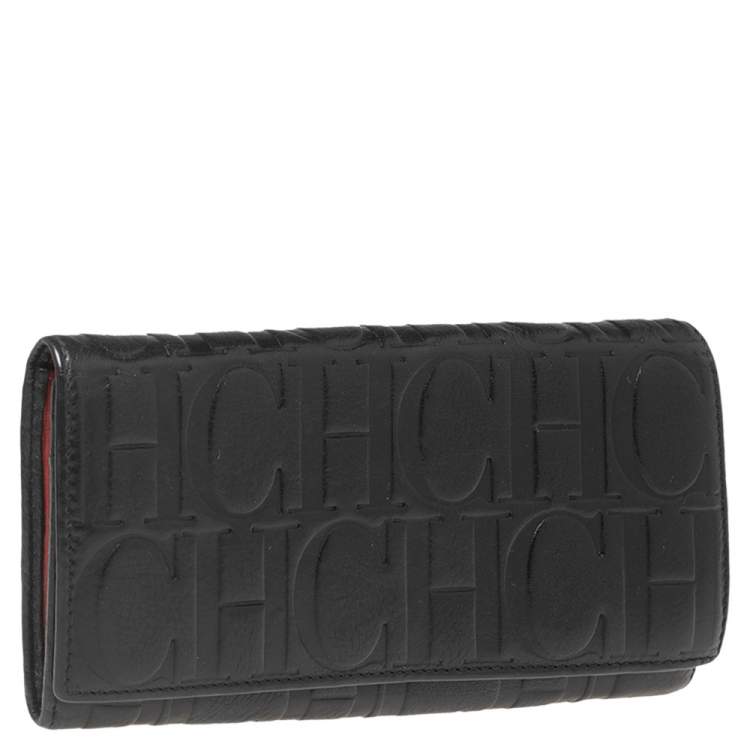 Pre Owned Carolina Herrera Black Monogram Embossed Leather Flap Continental Wallet