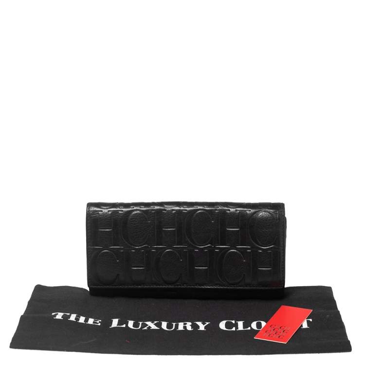Pre Owned Carolina Herrera Black Monogram Embossed Leather Flap Continental Wallet