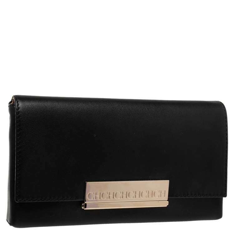 Pre Owned Carolina Herrera Black Leather Logo Metal Flap Clutch