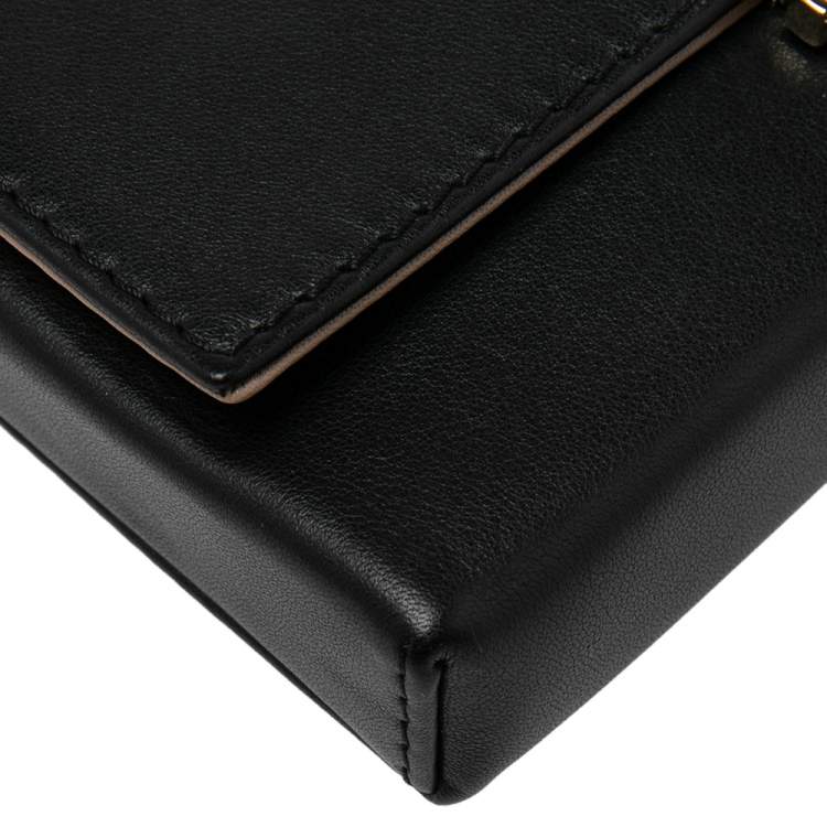 Pre Owned Carolina Herrera Black Leather Logo Metal Flap Clutch