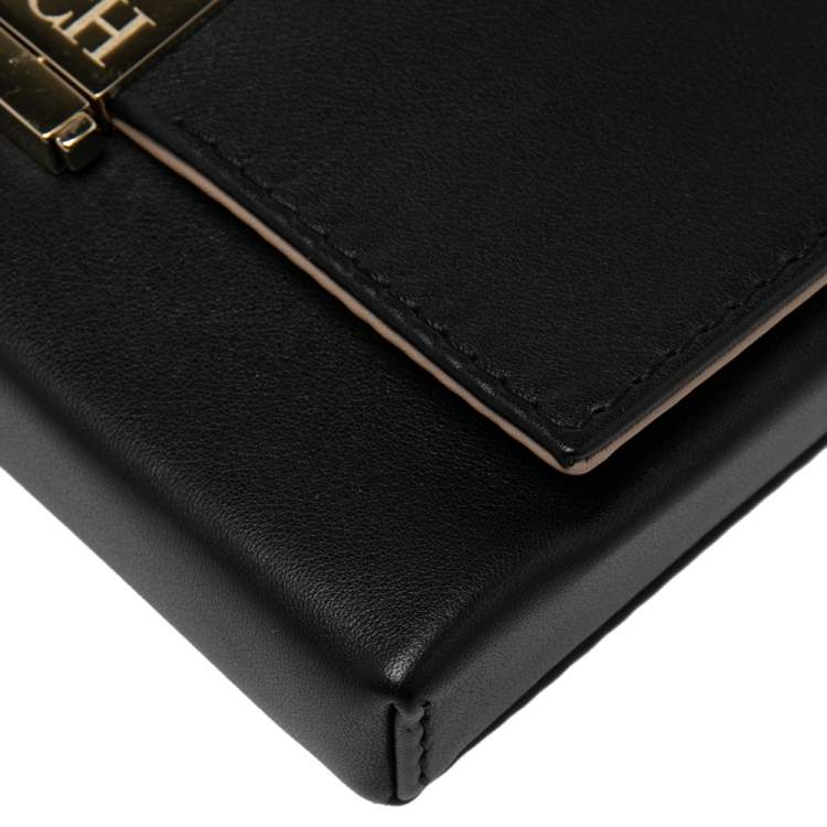 Pre Owned Carolina Herrera Black Leather Logo Metal Flap Clutch