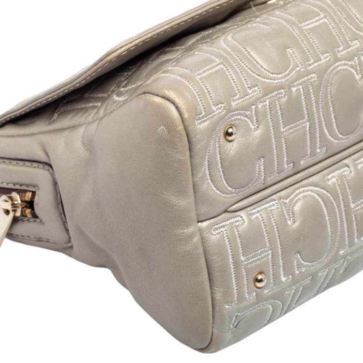 Pre Owned Carolina Herrera Grey Embossed Leather Flap Shoulder Bag