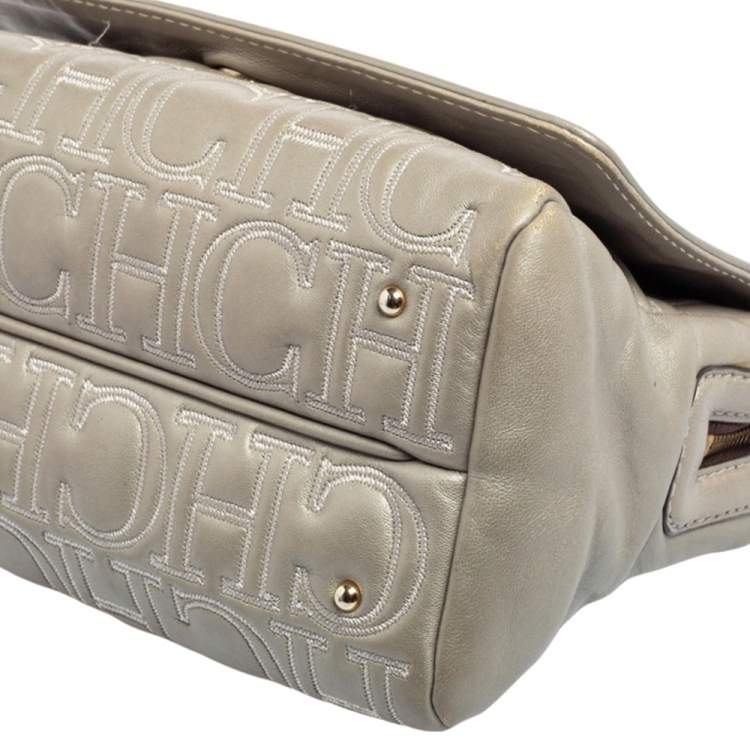 Pre Owned Carolina Herrera Grey Embossed Leather Flap Shoulder Bag