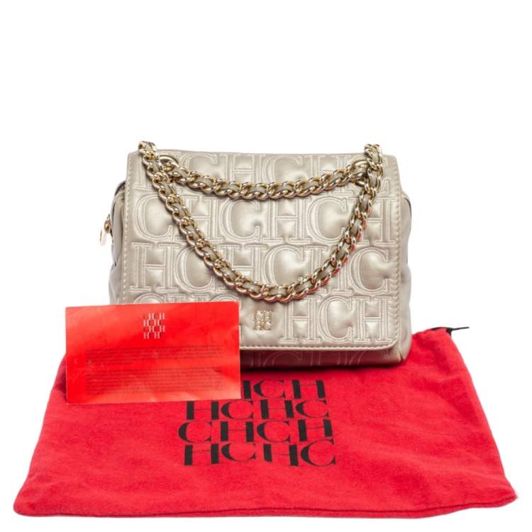 Pre Owned Carolina Herrera Grey Embossed Leather Flap Shoulder Bag