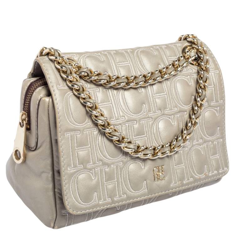 Pre Owned Carolina Herrera Grey Embossed Leather Flap Shoulder Bag