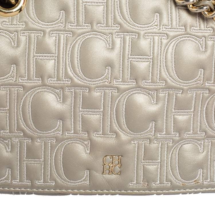 Pre Owned Carolina Herrera Grey Embossed Leather Flap Shoulder Bag