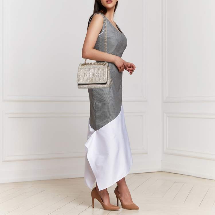 Pre Owned Carolina Herrera Grey Embossed Leather Flap Shoulder Bag