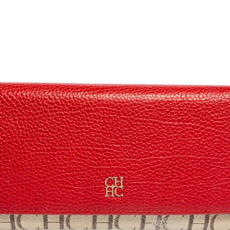 Pre Owned Carolina Herrera Beige/Red Monogram Coated Canvas and Leather Continental Wallet