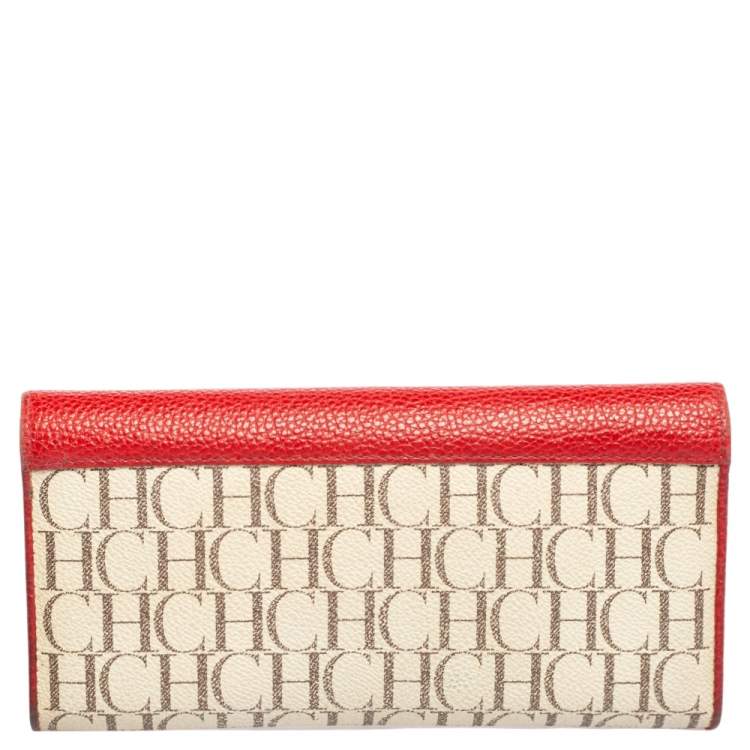 Pre Owned Carolina Herrera Beige/Red Monogram Coated Canvas and Leather Continental Wallet
