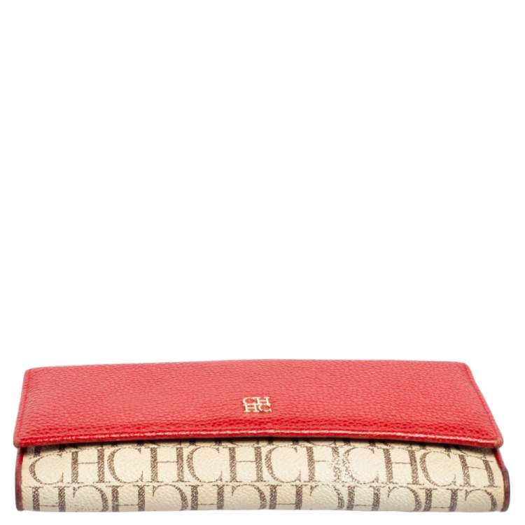 Pre Owned Carolina Herrera Beige/Red Monogram Coated Canvas and Leather Continental Wallet