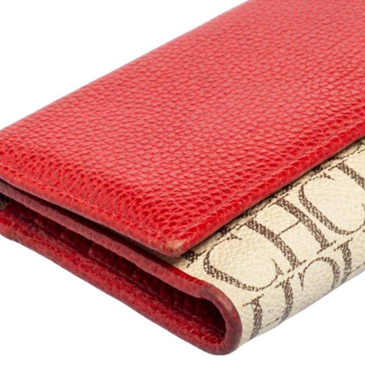 Pre Owned Carolina Herrera Beige/Red Monogram Coated Canvas and Leather Continental Wallet