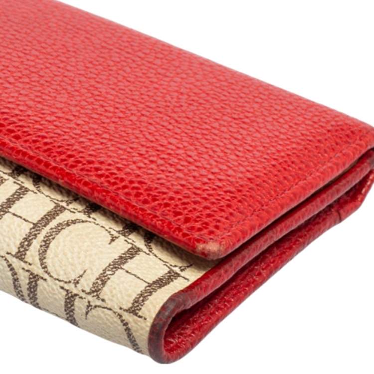 Pre Owned Carolina Herrera Beige/Red Monogram Coated Canvas and Leather Continental Wallet