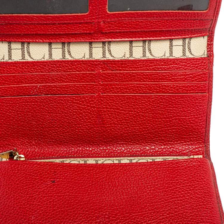 Pre Owned Carolina Herrera Beige/Red Monogram Coated Canvas and Leather Continental Wallet