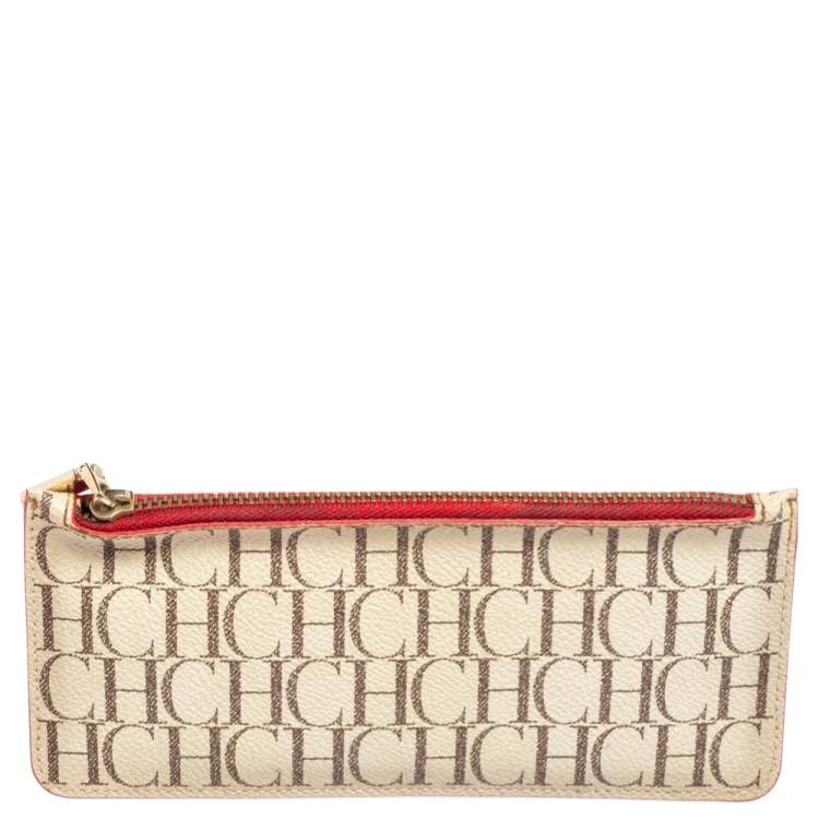 Pre Owned Carolina Herrera Beige/Red Monogram Coated Canvas and Leather Continental Wallet
