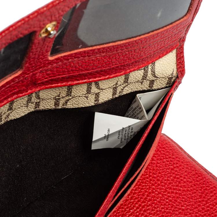 Pre Owned Carolina Herrera Beige/Red Monogram Coated Canvas and Leather Continental Wallet